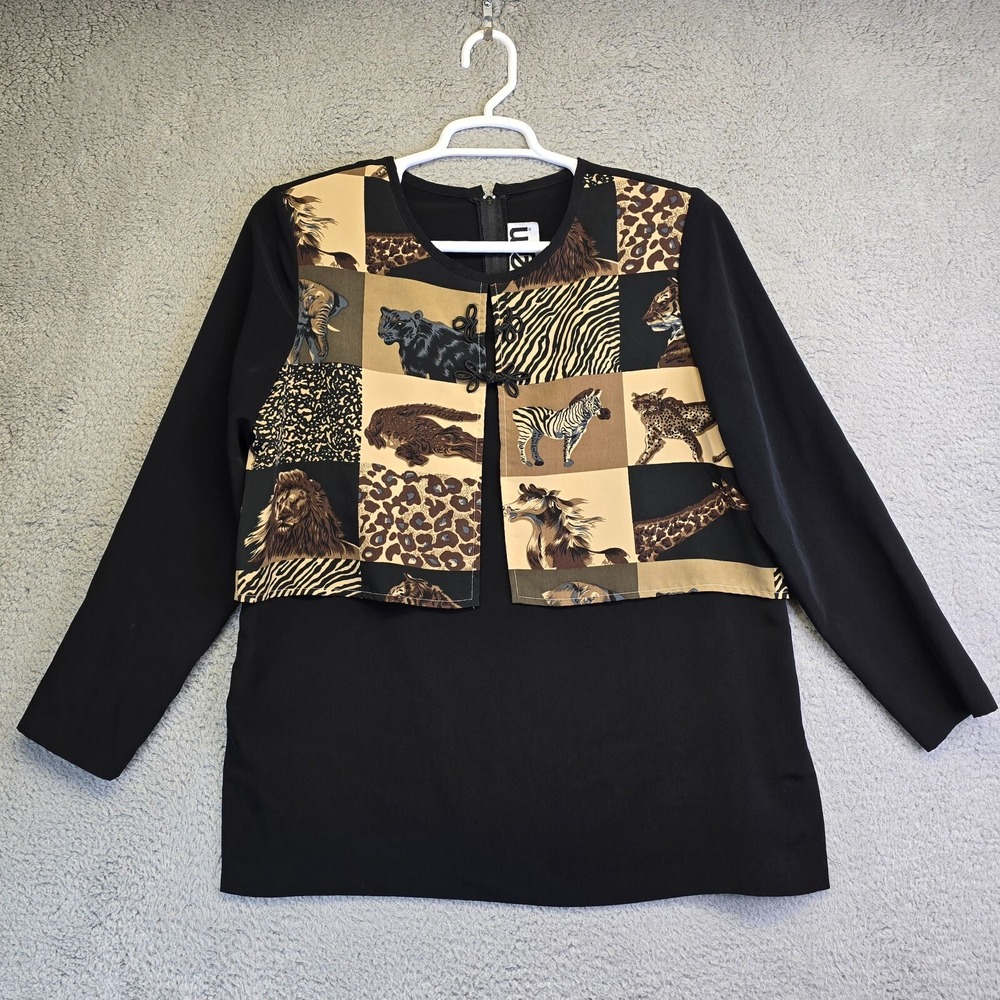 Vintage EJM Safari Animal Shirt Womens L Black‎ Zebra Lion Panther Giraffe Print